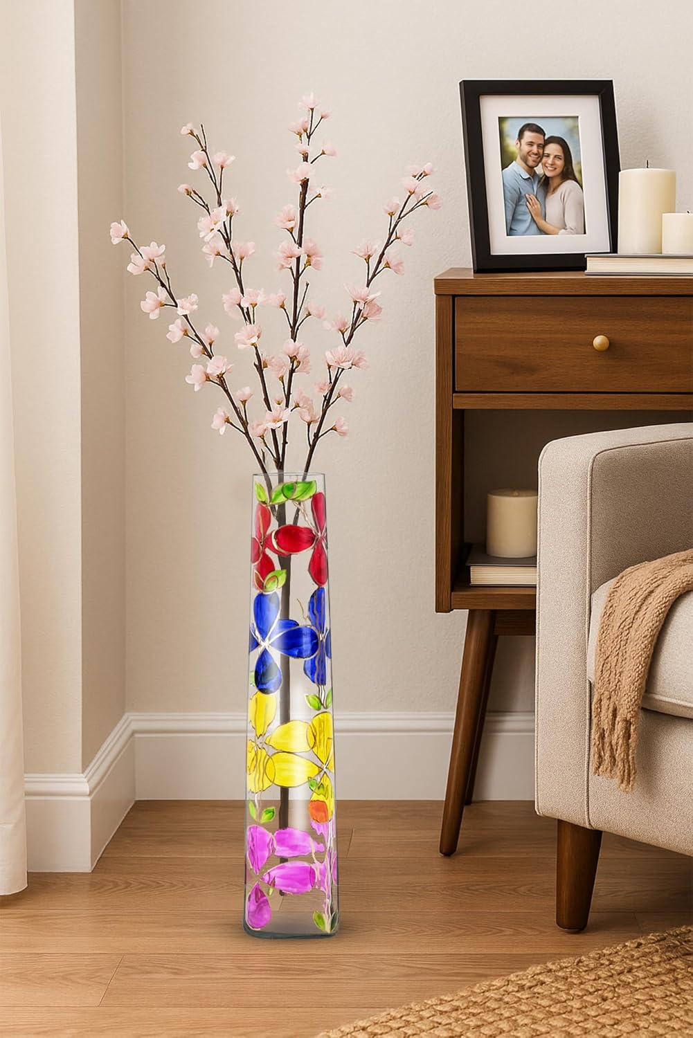 Tall Multicolour Floral Glass Floor Vase – Decorative Rectangular Flower Vase