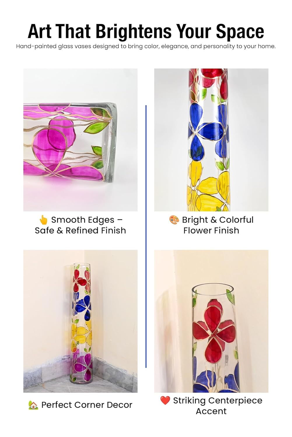 Tall Multicolour Floral Glass Floor Vase – Decorative Rectangular Flower Vase