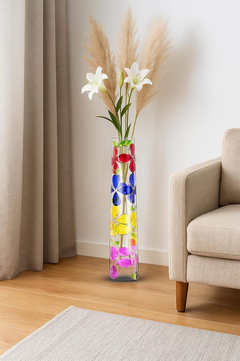 Tall Multicolour Floral Glass Floor Vase – Decorative Rectangular Flower Vase