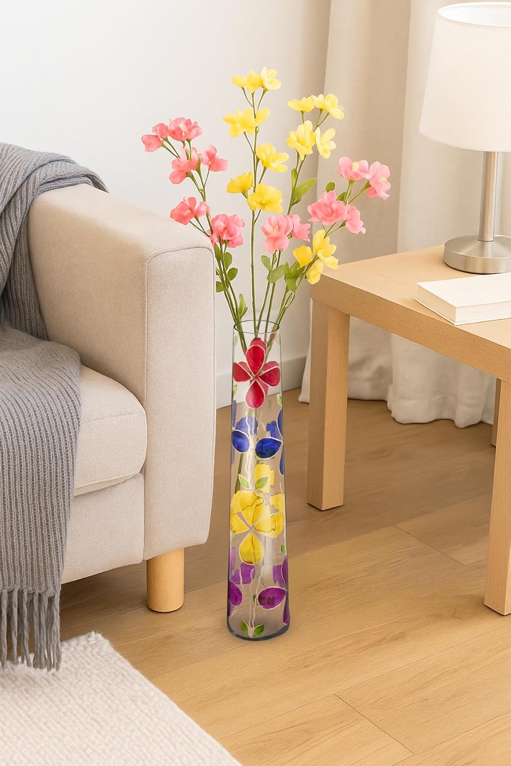 Tall Multicolour Floral Glass Floor Vase – Decorative Rectangular Flower Vase