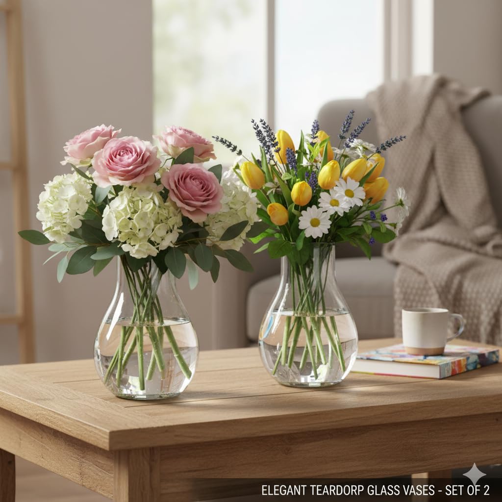 Clear Teardrop Glass Vase Set of 2 – Decorative Bud Vases