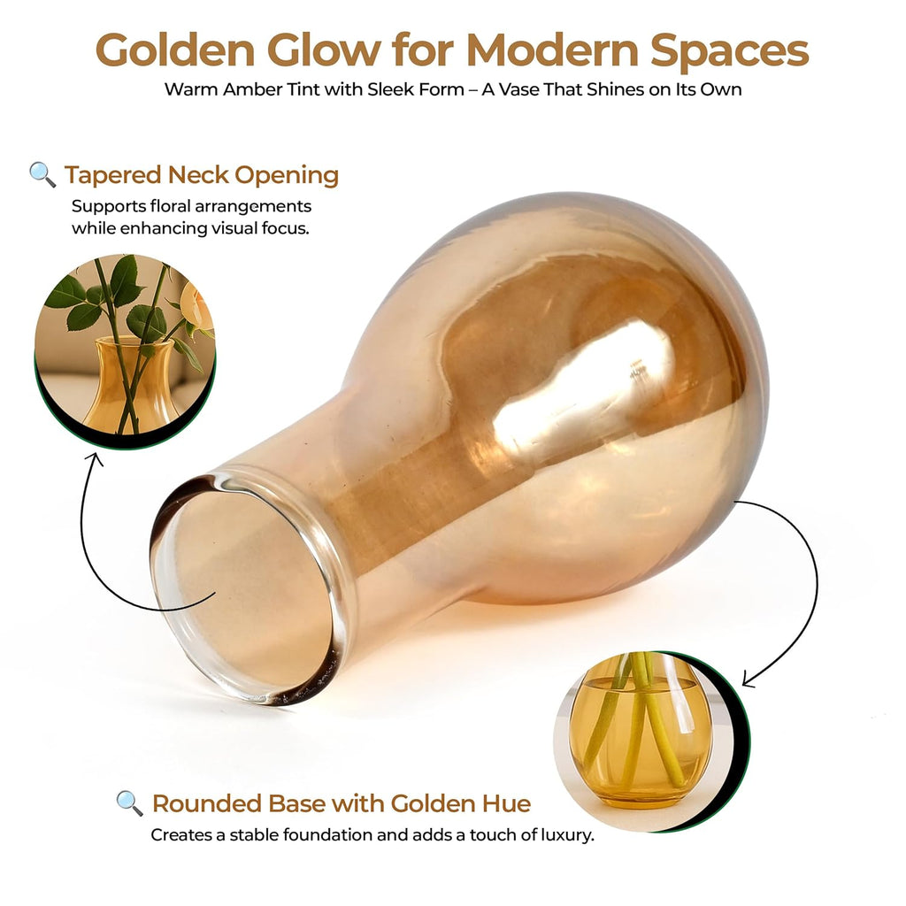 Golden Amber Glass Flower Vase – Elegant Teardrop Tabletop Vase