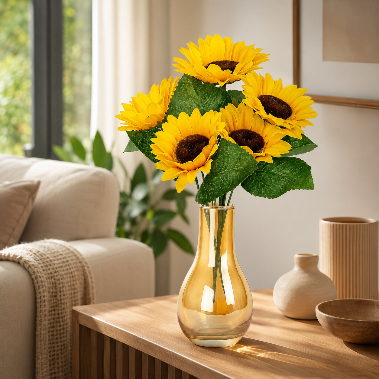 Golden Amber Glass Flower Vase – Elegant Teardrop Tabletop Vase