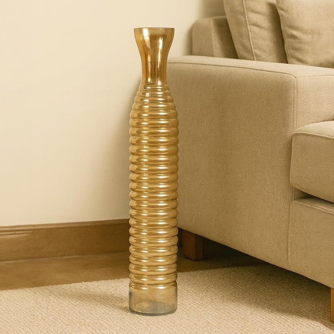 Tall Golden Ribbed Glass Floor Vase – Decorative Slim Corner Vase