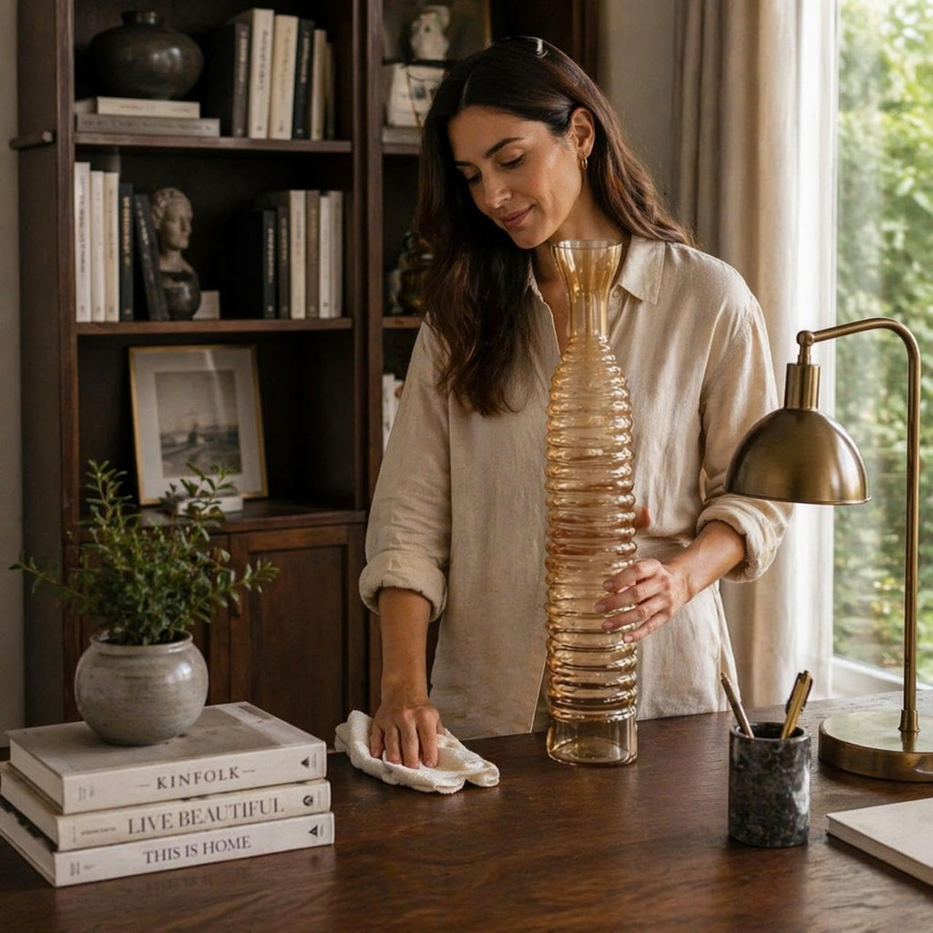 Tall Golden Ribbed Glass Floor Vase – Decorative Slim Corner Vase