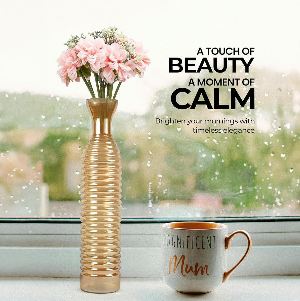 Tall Golden Ribbed Glass Floor Vase – Decorative Slim Corner Vase