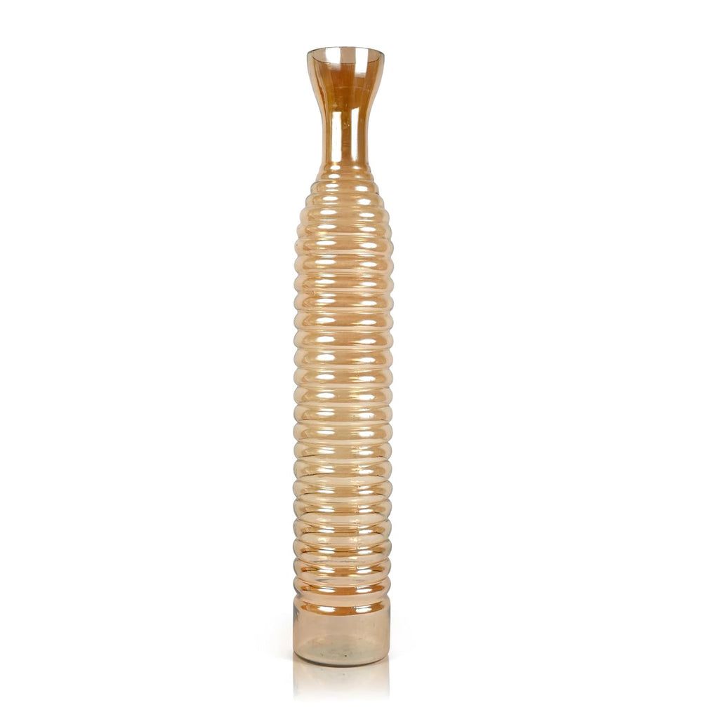 Tall Golden Ribbed Glass Floor Vase – Decorative Slim Corner Vase