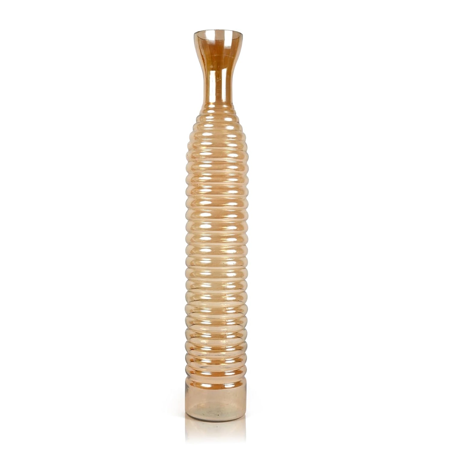 Tall Golden Ribbed Glass Floor Vase – Decorative Slim Corner Vase