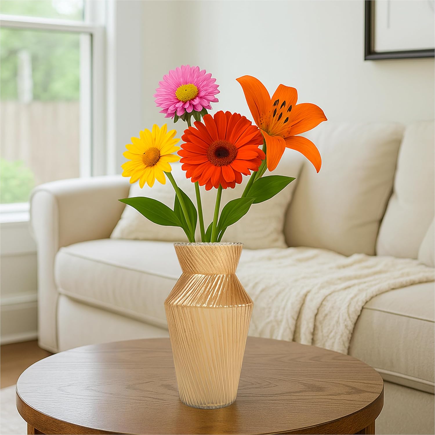 Amber Ribbed Glass Flower Vase – Geometric Flared-Neck Tabletop Vase