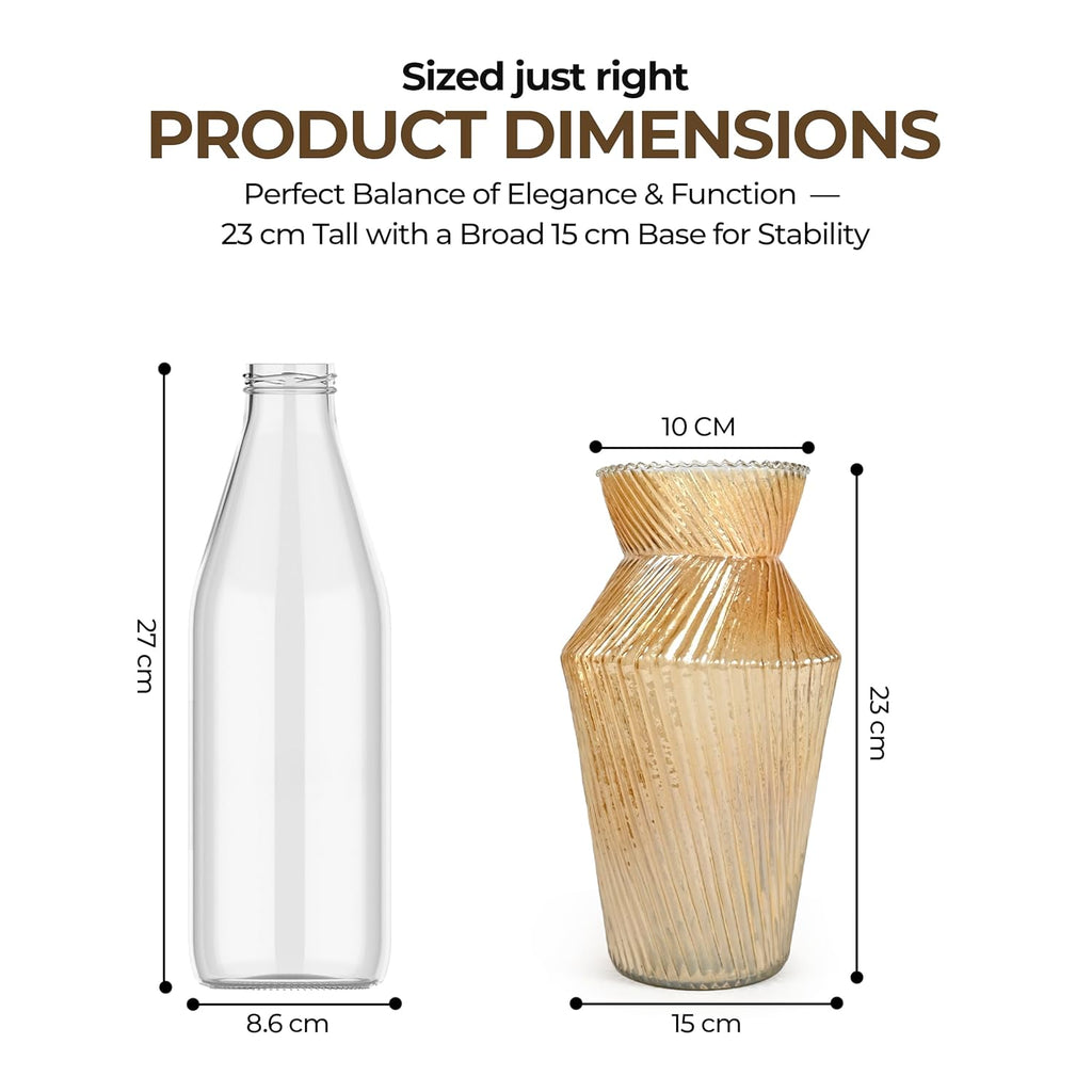 Amber Ribbed Glass Flower Vase – Geometric Flared-Neck Tabletop Vase