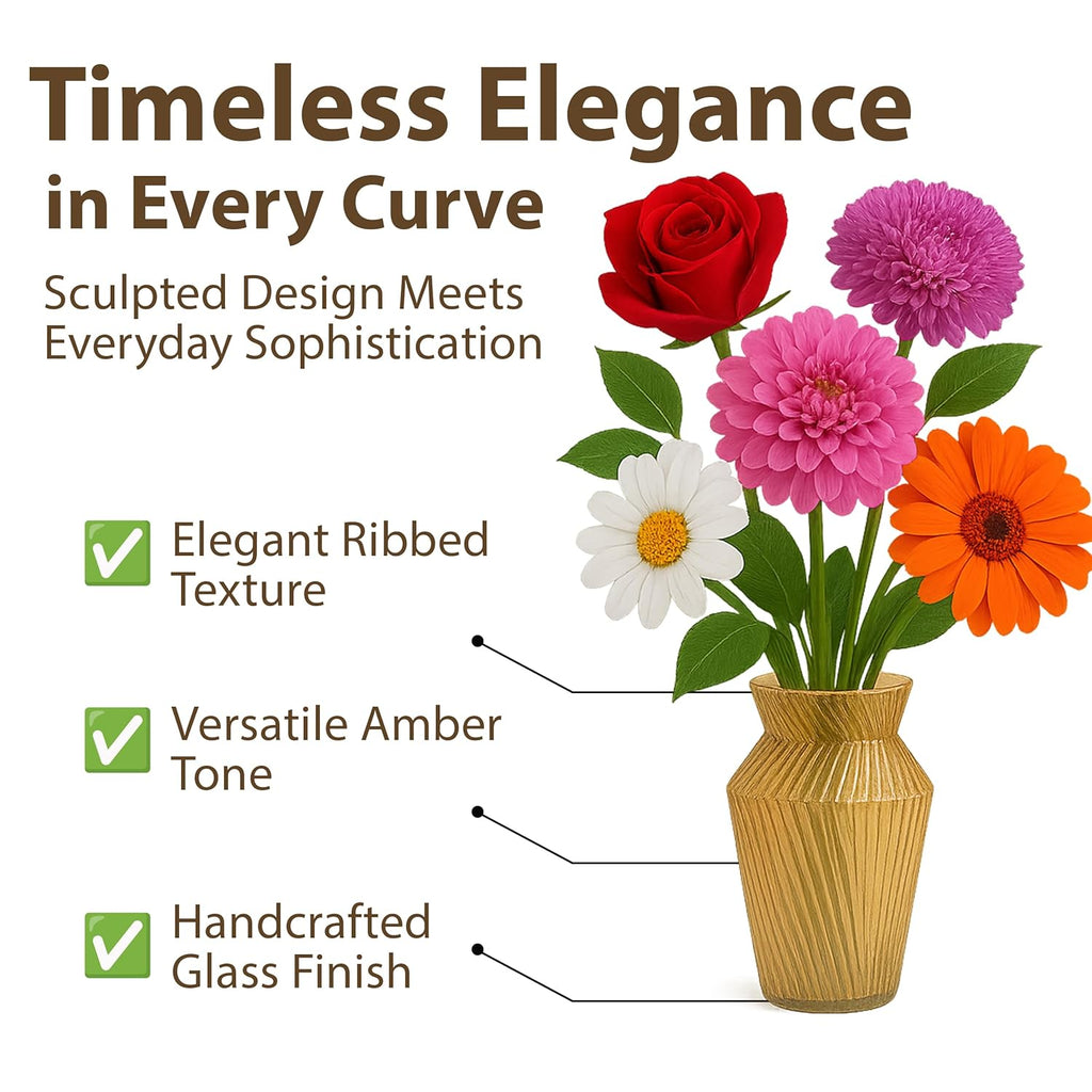 Amber Ribbed Glass Flower Vase – Geometric Flared-Neck Tabletop Vase