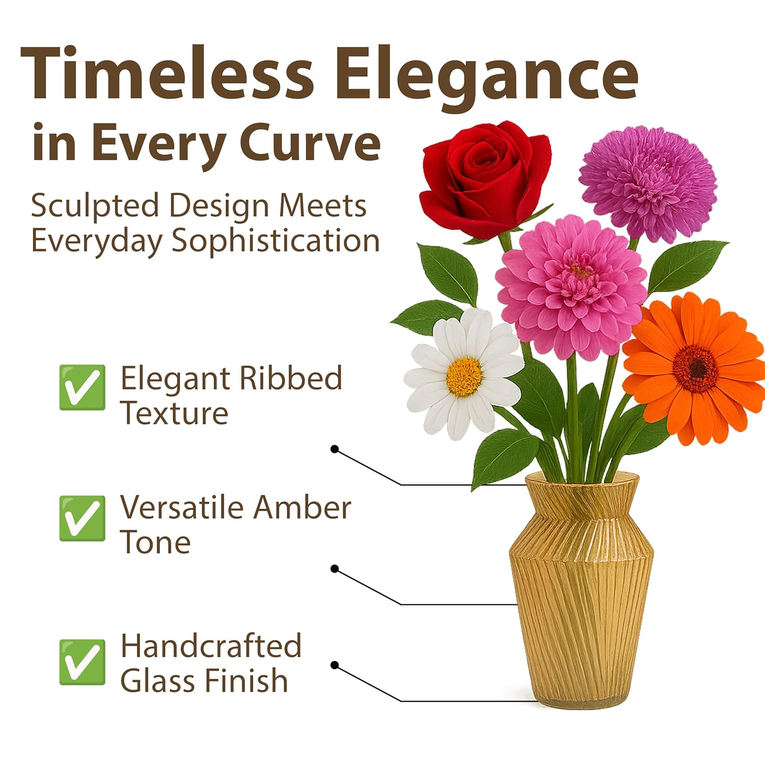 Amber Ribbed Glass Flower Vase – Geometric Flared-Neck Tabletop Vase