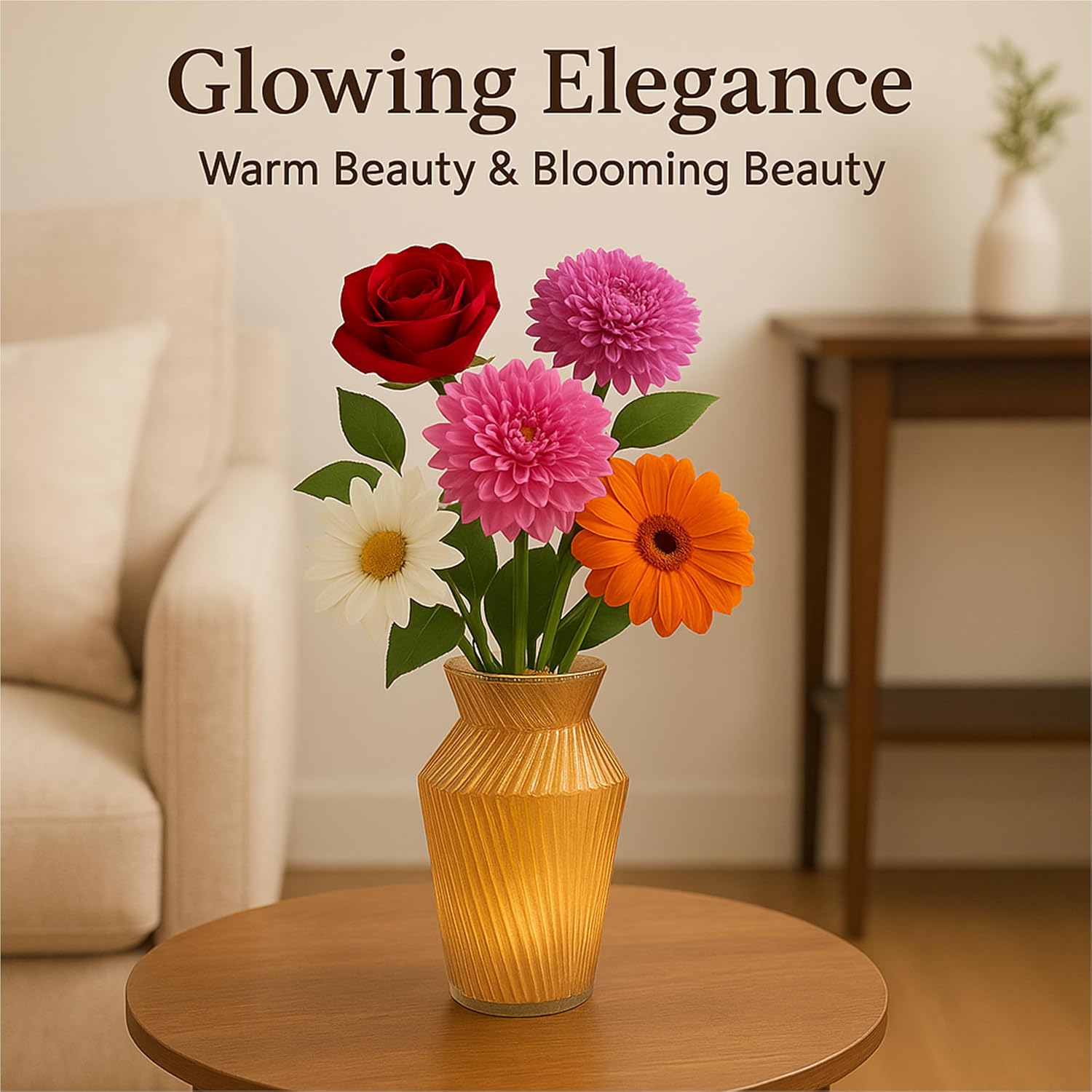 Amber Ribbed Glass Flower Vase – Geometric Flared-Neck Tabletop Vase