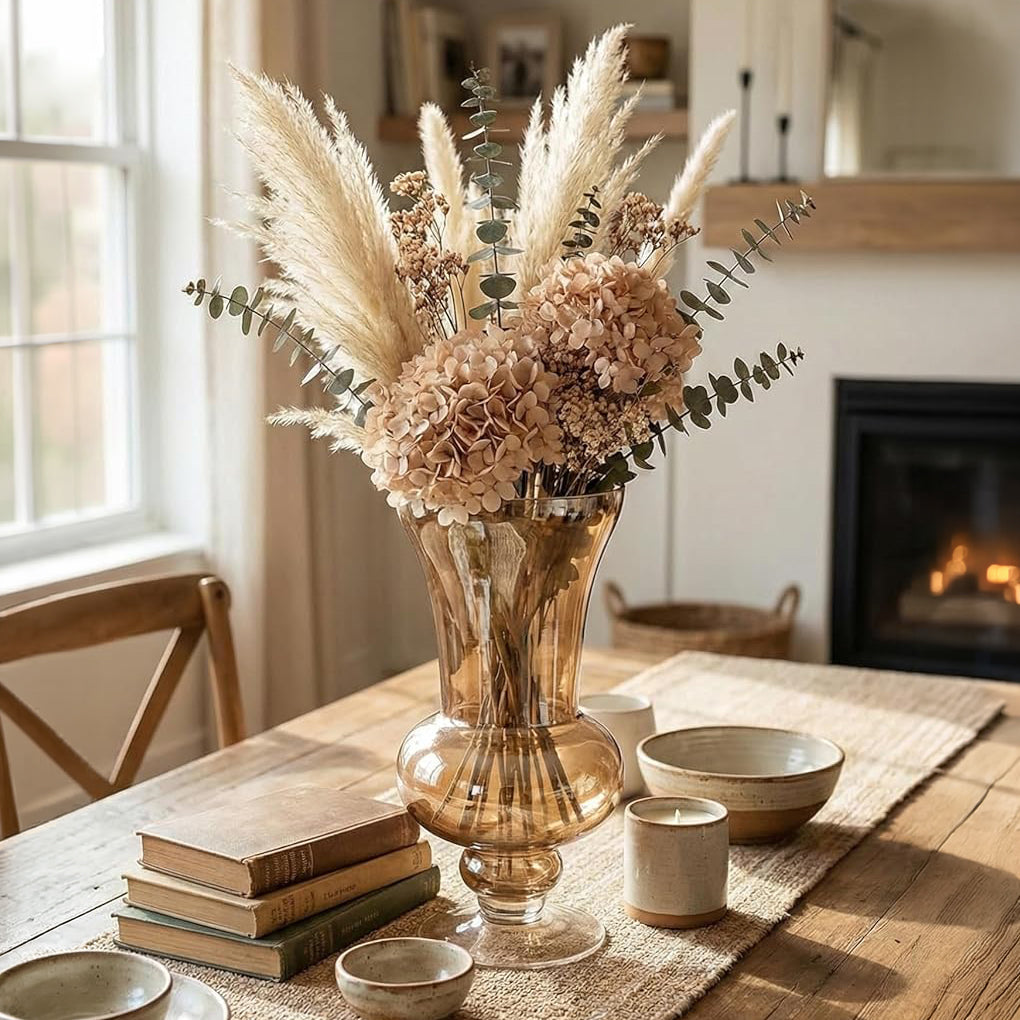 Amber Pedestal Glass Flower Vase – Sculptural Flared Decorative Vase