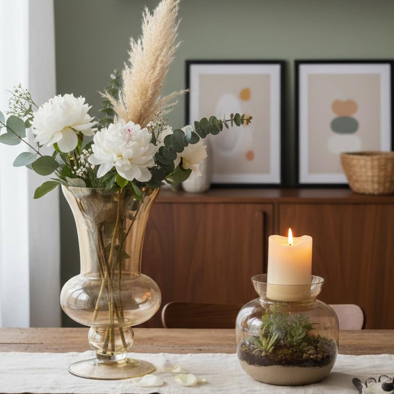Amber Pedestal Glass Flower Vase – Sculptural Flared Decorative Vase