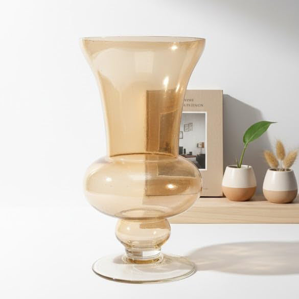 Amber Pedestal Glass Flower Vase – Sculptural Flared Decorative Vase