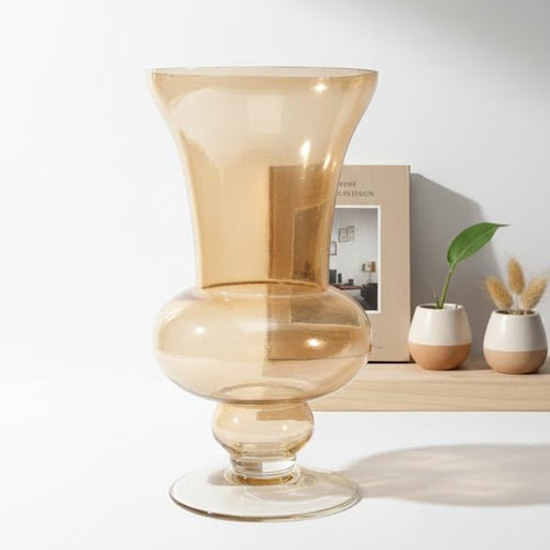 Amber Pedestal Glass Flower Vase – Sculptural Flared Decorative Vase