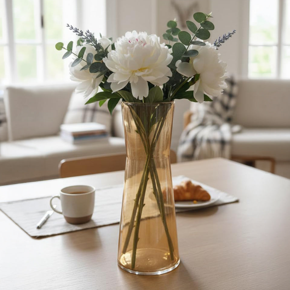 Tall Amber Hourglass Glass Flower Vase – Elegant Tabletop Centrepiece