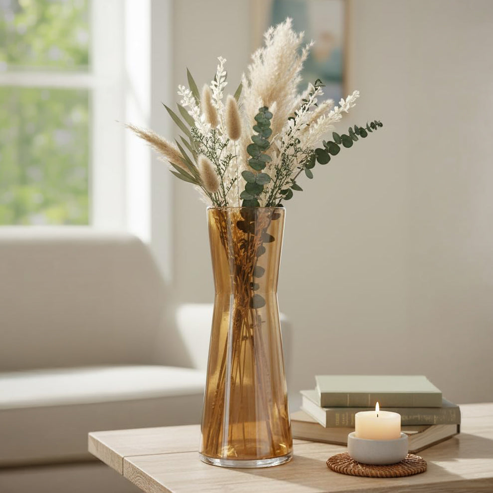 Tall Amber Hourglass Glass Flower Vase – Elegant Tabletop Centrepiece
