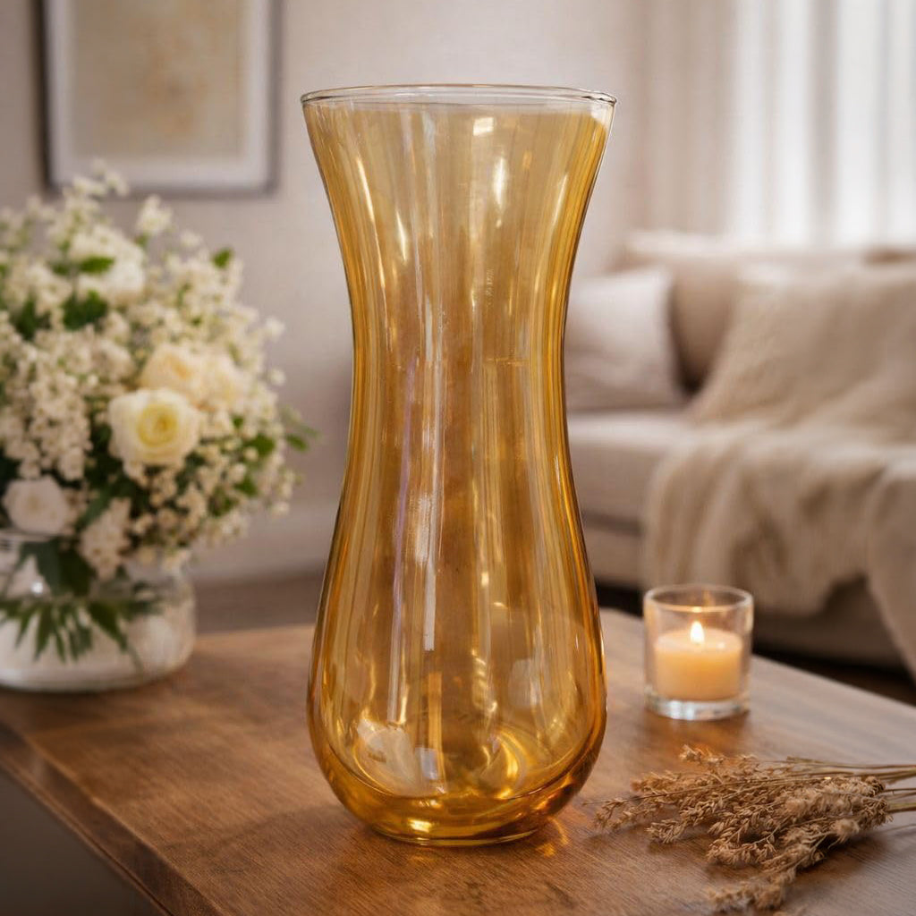 Tall Amber Curved Glass Flower Vase – Flared Tabletop Centrepiece
