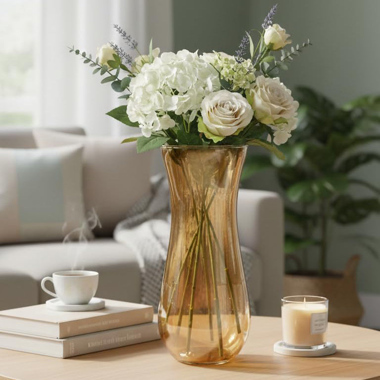 Tall Amber Curved Glass Flower Vase – Flared Tabletop Centrepiece